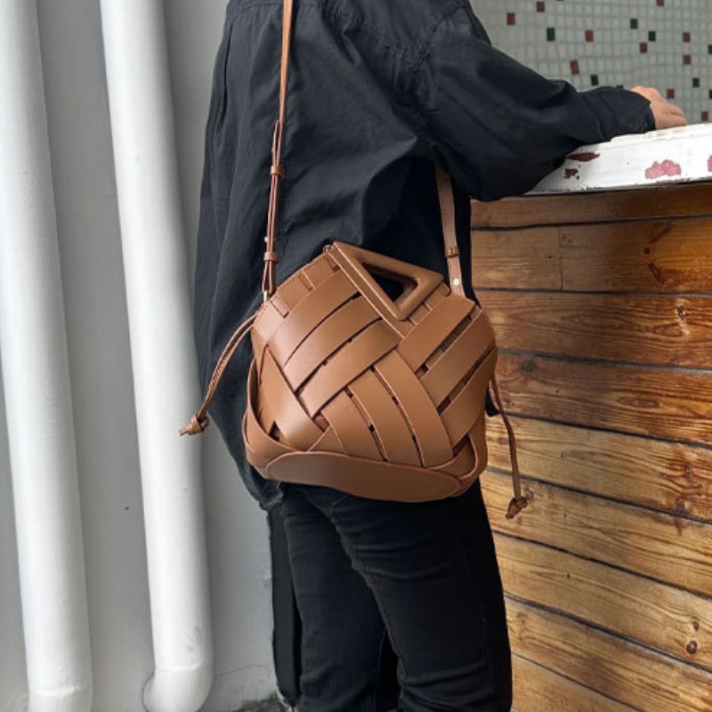 Women's Triangle Woven Leather Basket Handbag