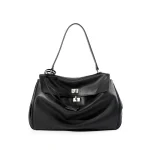 Luxury Black Soft Leather Tote Bag for Women with Elegant Metal Lock by Covemoda, stylish and chic.