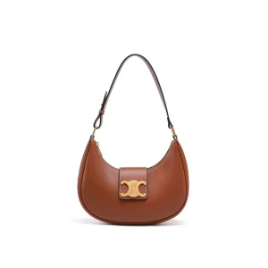 Arc de Triomphe Brown Leather Saddle Bag – Elegant genuine leather handbag with gold-tone hardware, secure flap closure, and adjustable strap for stylish shoulder or crossbody wear.